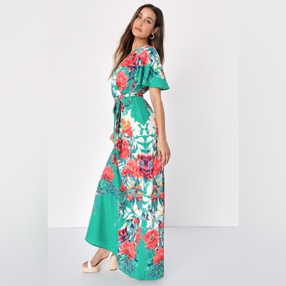 Lulus Still In Paradise Green Floral Print Maxi Dress size M - Picture 2 of 2